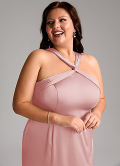 Azazie Rue Bridesmaid Dresses Powder Pink Mermaid Pleated Stretch Satin Dress image13