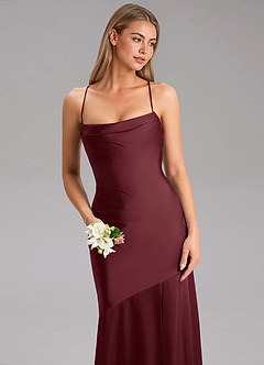 Azazie Grata Bridesmaid Dresses Cabernet Sheath Side Slit Stretch Satin Dress image6