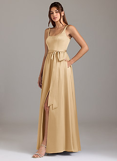 Azazie Elliott Robes de demoiselle d'honneur Robe Trapèze en Satin extensible avec poches Or image4