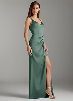 Azazie Leo Bridesmaid Dresses Eucalyptus Sheath Pleated Stretch Satin Dress image3