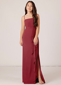 Azazie Kaylee Junior Pomegranate A-Line with Belt Chiffon Dress image1