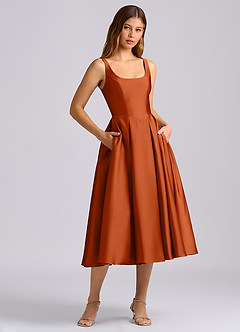 Azazie Amalie 신부 들러리 드레스 A라인 주름진 스트레치 새틴 티 길이 드레스 image3