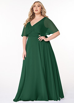 Azazie Pamela Vestidos de damas de honor Vestido de Verde Oscuro de Gasa de Corte en A con Cuello en V plisado image6