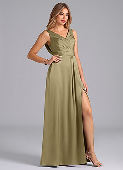 Azazie Karina Robes de demoiselle d'honneur Robe Trapèze en Satin extensible Plissée Vert Mousse image5