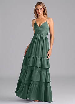 Azazie Nathalia Bridesmaid Dresses Eucalyptus A-Line Pleated Stretch Satin Dress image5
