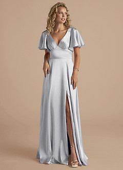 Azazie Kimber Bridesmaid Dresses Silver A-Line Ruched Metallic Satin Dress image5