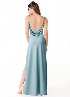 Azazie Alaija Bridesmaid Dresses Moody Blue Mermaid Side Slit Stretch Satin Dress image4