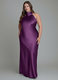 Azazie Velli Bridesmaid Dresses Plum Sheath High Neck Metallic Satin Dress image7