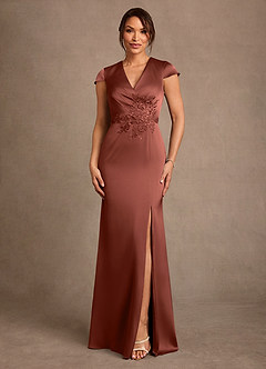 Azazie Rilda 신부의 어머니 드레스 쉬스 레이스 스트레치 새틴 플로어 길이 드레스 image1