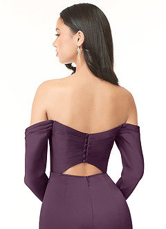 Azazie Hallie Bridesmaid Dresses Plum Mermaid Off-The-Shoulder Long Sleeve Stretch Satin Convertible Dress image7