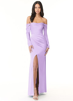 Azazie Hallie Vestidos de damas de honor Vestido de Lila de Satén Elástico de Corte Recto Convertible con Manga larga con hombros descubiertos image3