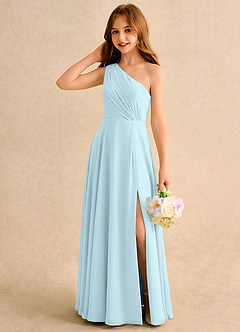 Azazie Puddles Girls Formal Robe Demoiselle D'honneur Fillette Robe Trapèze en Mousseline de soie Asymétrique Bleu Nuage image3