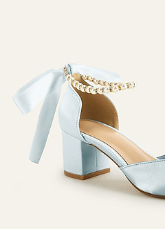 front Satin Pearl and Bow Pointed Toe Block Heels