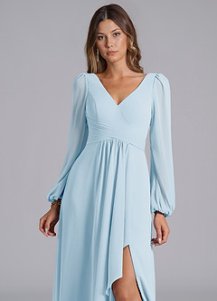 Azazie Liah Bridesmaid Dresses Sky Blue A-Line Long Sleeve Chiffon Dress image6