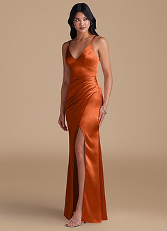 Azazie Shania Bridesmaid Dresses Burnt Orange Sheath Pleated Metallic Satin Dress image6