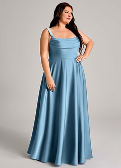 Azazie Shaude Bridesmaid Dresses Steel Blue A-Line Pleated Stretch Satin Dress image3
