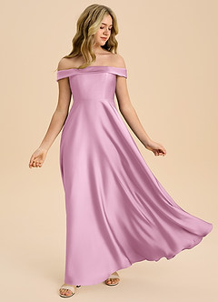 Azazie Sissy Junior Robe Trapèze en Satin extensible Épaule décolletée Rose Bonbon image5
