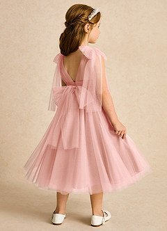 Azazie Dori 플라워 걸 드레스 A라인 셔링 얇실버 명주 그물 티 길이 드레스 image3