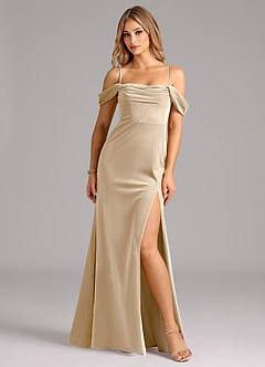 Azazie Saige Bridesmaid Dresses Champagne Sheath Off the Shoulder Velvet Convertible Dress image5
