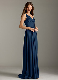 Azazie Keyla Vestidos de damas de honor Vestido de Azul Marino Oscuro de Satén Elástico de Corte en A con Plisado image5