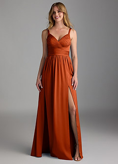 Azazie Chanel Robes de demoiselle d'honneur Robe Trapèze en Satin extensible Plissée Paprika image5
