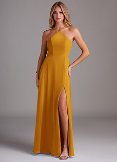 Azazie Bailey Bridesmaid Dresses Butterscotch A-Line Halter Side Slit Chiffon Dress image1