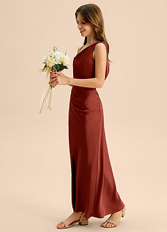 Azazie Madelyn Junior Abito Tubino in Raso Elasticizzato a Spalla Scoperta Terracotta image3