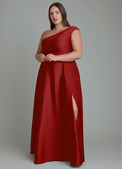 Azazie Melanie Bridesmaid Dresses Pomegranate A-Line Off the Shoulder Stretch Satin Dress image7