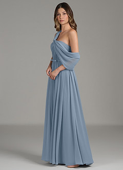 Azazie Nyah Robes à essayer chez vous Robe Trapèze en Mousseline de soie Épaule décolletée Bleu Poussiéreux image6