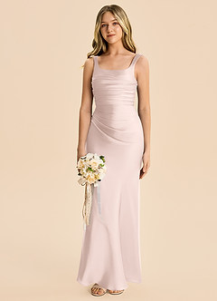 Azazie Lula Junior Blushing Pink Sheath Pleated Stretch Satin Dress image4