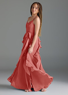 Azazie Peyton Junior A라인 주름진 쉬폰 플로어 길이 주니어 신부 들러리 드레스 image4