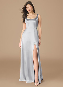 Azazie Joyce Bridesmaid Dresses Silver A-Line Side Slit Metallic Satin Dress image1