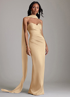 Azazie Sonora Vestidos de damas de honor Vestido de Champán de Satén Elástico de Corte Recto con Sin tirantes image9