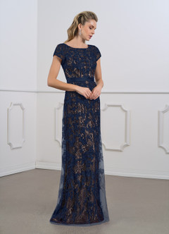 Azazie Dorit Mother of the Bride Dresses Dark Navy Champagne Sheath Scoop Lace Dress image4