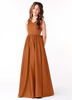 Azazie Hathaway Junior Copper A-Line Bow Matte Satin Dress image3