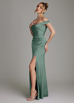 Azazie Teyana Abiti da Damigella Abito Tubino in Raso Elasticizzato a Spalla Scoperta Eucalipto image6