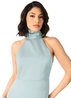 Azazie x Delaney Bridesmaid Dresses Mist Sheath High Neck Stretch Satin Dress image3