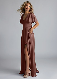 Azazie Kimber Brudtärnklänningar Klänning av A-Line i Stretch Satin Ruched Espresso image6