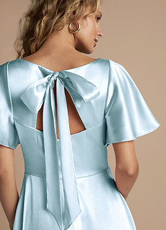 Azazie Kimber Bridesmaid Dresses Sky Blue A-Line Ruched Metallic Satin Dress image2
