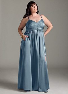 Azazie Alia Robes de demoiselle d'honneur Robe Trapèze en Satin extensible Plissée Bleu Poussiéreux image11