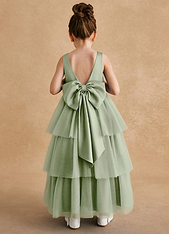 Azazie Megallie Flower Girl Dresses Dusty Sage A-Line Bow Tulle Dress image5