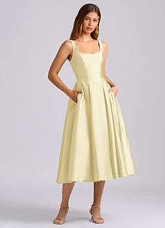 Azazie Amalie Bridesmaid Dresses Lemon Sorbet A-Line Pleated Stretch Satin Dress image3
