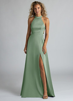 Azazie Clarice Robes de demoiselle d'honneur Robe Trapèze en Satin extensible Col Haut Matcha image4