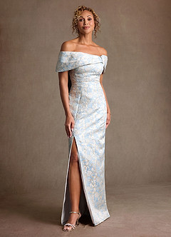 Azazie Zion Mother of the Bride Dresses Dusty Blue Sheath Off the Shoulder Floral Jacquard Dress image1