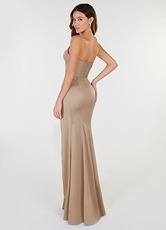 Azazie Yola Bridesmaid Dresses Taupe Sheath V-Neck Pleated Stretch Satin Convertible Dress image5