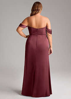 Azazie Saige Bridesmaid Dresses Merlot Sheath Off the Shoulder Stretch Satin Dress image12