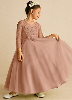 Azazie Precious Blumenmädchenkleider A-Linie Spitze Tüll Kleid Champagner Rosa image2