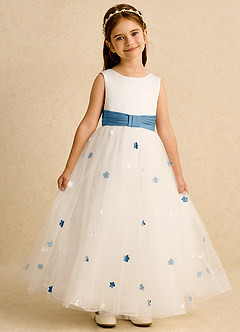 Azazie Cricket vestidos de niña de las flores Vestido de Marfil Azul Acero de Satin Mate de Princesa con Plisado image1