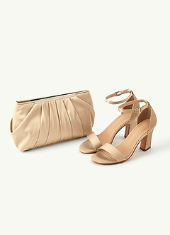 front Matchende farve stretch satin sandaler med chunky hæl og plisseret clutch sæt
