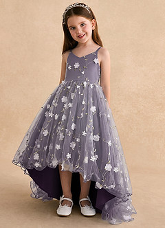 Azazie Celia Flower Girl Dresses Plum A-Line Spaghetti Strap Tulle Dress image5